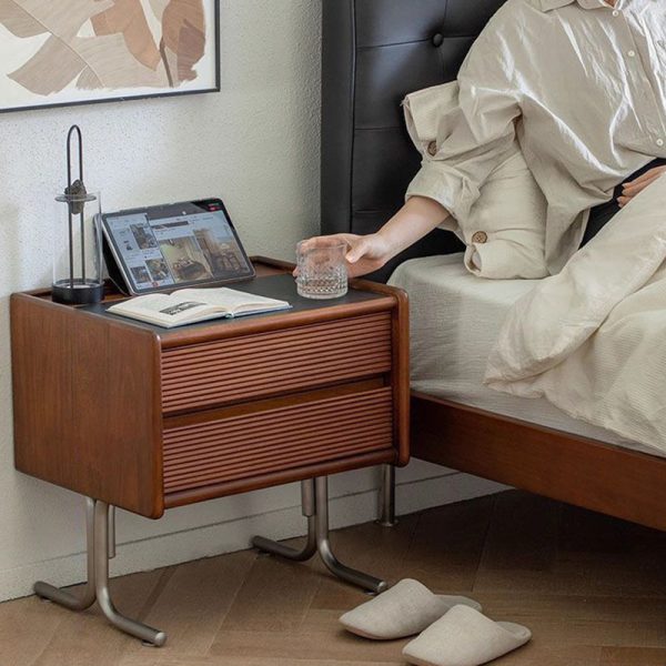 Traditional Vintage Sintered Stone Rectangular Top Solid Wood T-Shaped Stainless Steel Legs Nightstand 2-Drawer For Bedroom - Image 15