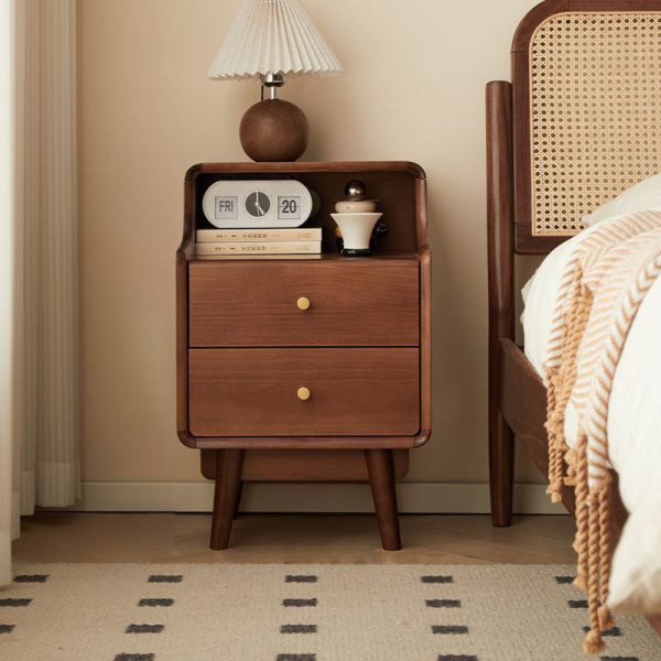 Traditional Japanese Square Solid Wood Top Nightstand 2-Tier Storage Drawer For Bedroom - Image 2
