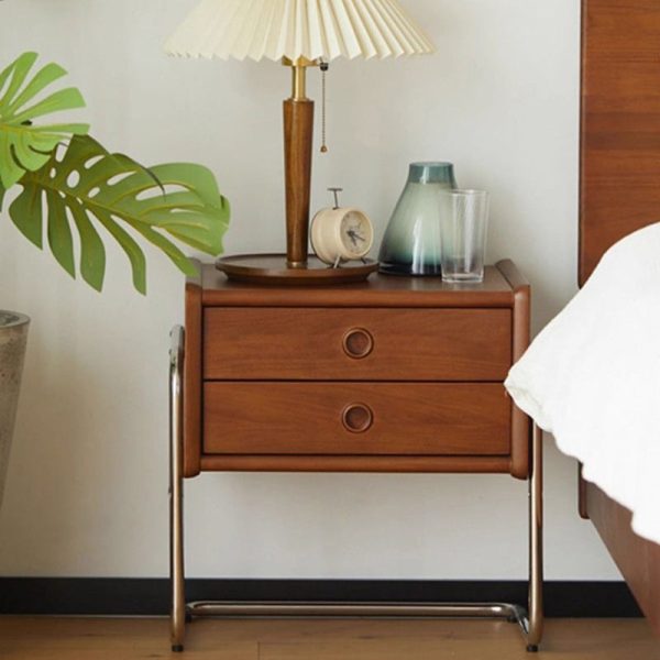 Contemporary Retro Rectangular Solid Wood Metal Frame Nightstand 2-Drawer For Bedroom