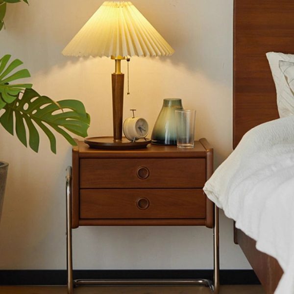 Contemporary Retro Rectangular Solid Wood Metal Frame Nightstand 2-Drawer For Bedroom - Image 8