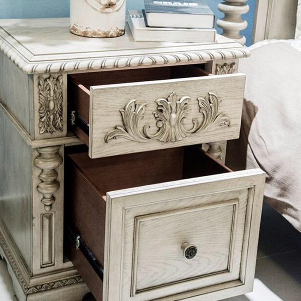 Traditional European Solid Wood Carving Cuboid Nightstand 2-Drawer For Bedroom - Image 4