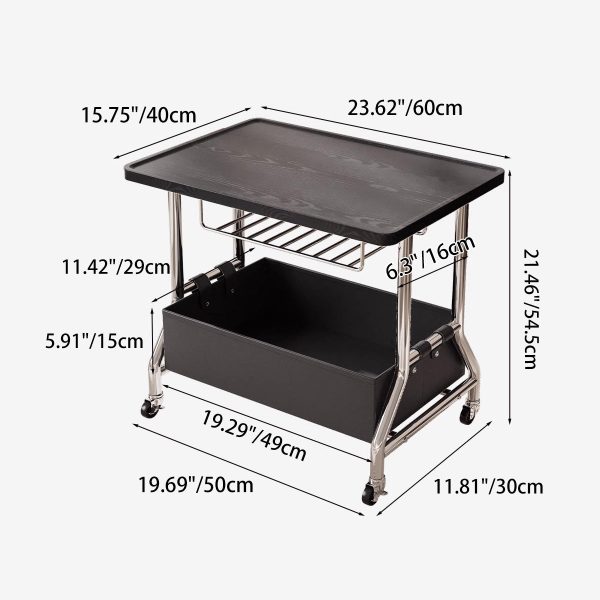 Contemporary Retro Rectangular Solid Wood Tray Top PU Leather Basket Stainless Steel End Table 2-Tier Rolling Cart For Living Room - Image 4
