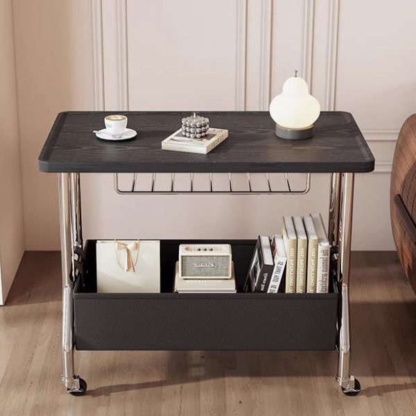 Contemporary Retro Rectangular Solid Wood Tray Top PU Leather Basket Stainless Steel End Table 2-Tier Rolling Cart For Living Room