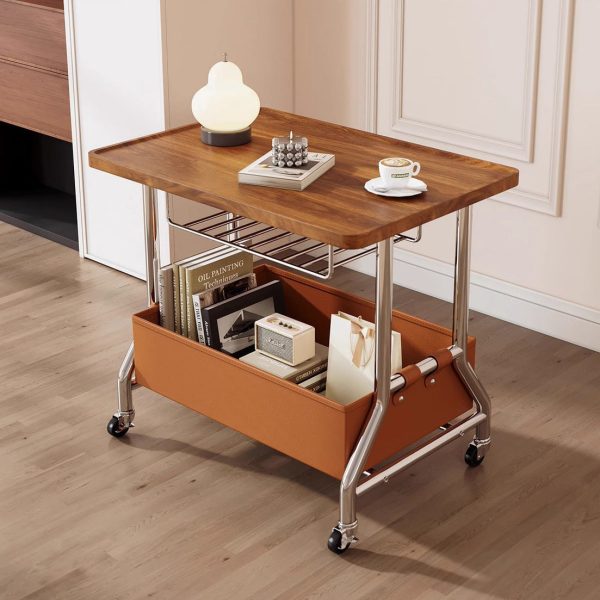Contemporary Retro Rectangular Solid Wood Tray Top PU Leather Basket Stainless Steel End Table 2-Tier Rolling Cart For Living Room - Image 3