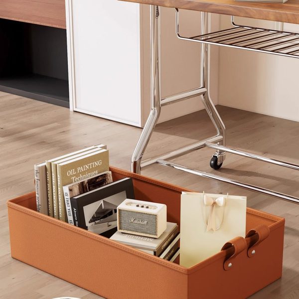 Contemporary Retro Rectangular Solid Wood Tray Top PU Leather Basket Stainless Steel End Table 2-Tier Rolling Cart For Living Room - Image 6