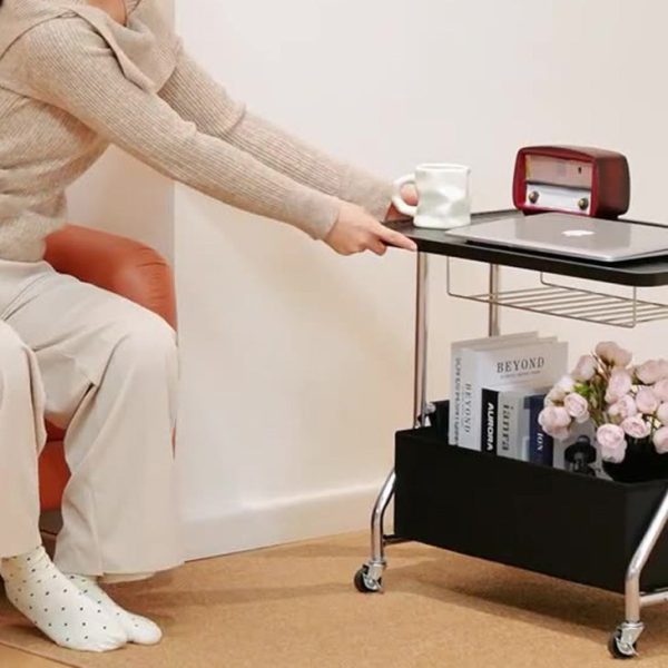 Contemporary Retro Rectangular Solid Wood Tray Top PU Leather Basket Stainless Steel End Table 2-Tier Rolling Cart For Living Room - Image 8