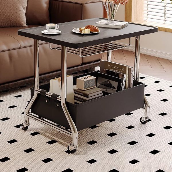 Contemporary Retro Rectangular Solid Wood Tray Top PU Leather Basket Stainless Steel End Table 2-Tier Rolling Cart For Living Room - Image 15