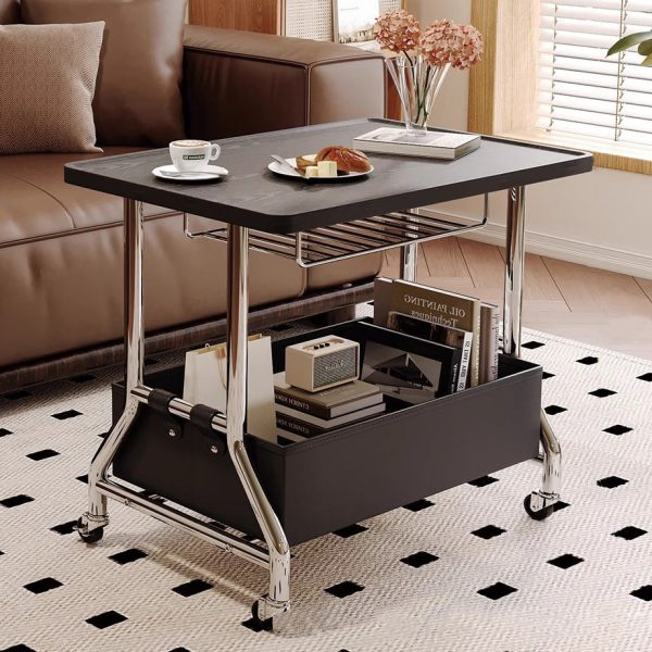 Contemporary Retro Rectangular Solid Wood Tray Top PU Leather Basket Stainless Steel End Table 2-Tier Rolling Cart For Living Room - Image 16