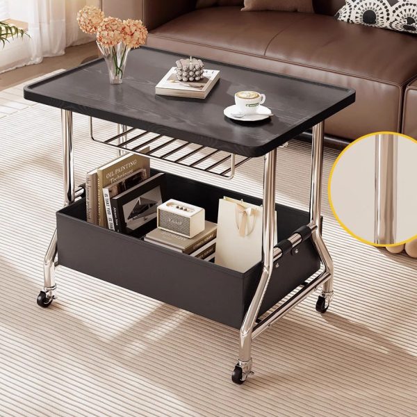 Contemporary Retro Rectangular Solid Wood Tray Top PU Leather Basket Stainless Steel End Table 2-Tier Rolling Cart For Living Room - Image 14