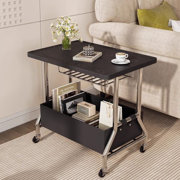 Contemporary Retro Rectangular Solid Wood Tray Top PU Leather Basket Stainless Steel End Table 2-Tier Rolling Cart For Living Room - Image 12