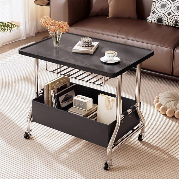Contemporary Retro Rectangular Solid Wood Tray Top PU Leather Basket Stainless Steel End Table 2-Tier Rolling Cart For Living Room - Image 2