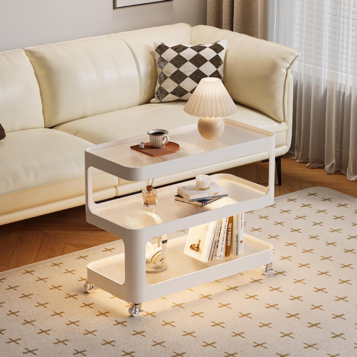 Modern Simplicity Sintered Stone Rectangular Tray Top Iron Induction Light Movable End Table 3-Tier Storage Shelves For Living Room - Image 12