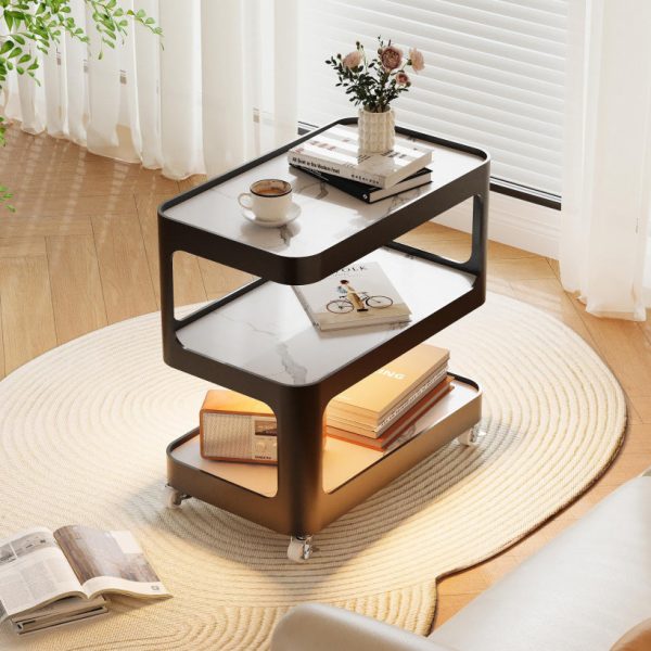 Modern Simplicity Sintered Stone Rectangular Tray Top Iron Induction Light Movable End Table 3-Tier Storage Shelves For Living Room - Image 2