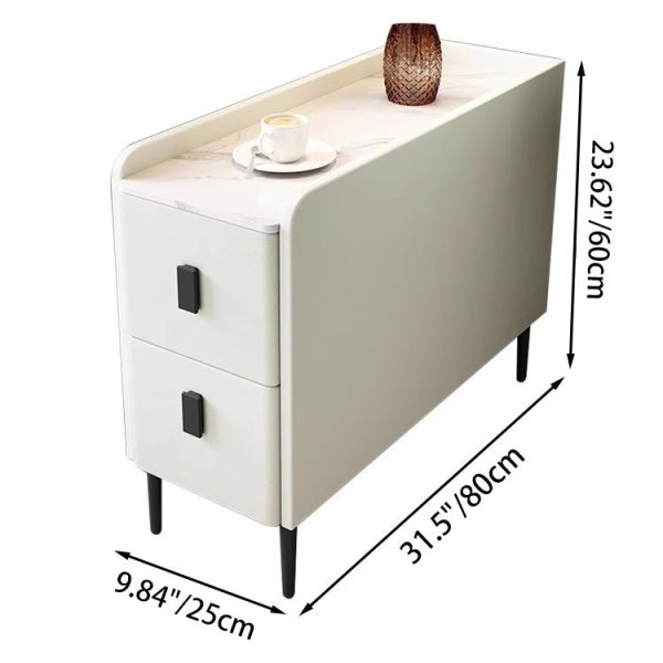 Contemporary Simplicity Sintered Stone Rectangular Top Solid Wood Frame Ultra-Narrow Nightstand Space-Saving Cabinet 2-Drawer For Bedroom - Image 3