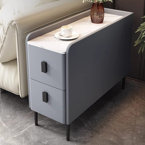 Contemporary Simplicity Sintered Stone Rectangular Top Solid Wood Frame Ultra-Narrow Nightstand Space-Saving Cabinet 2-Drawer For Bedroom - Image 11