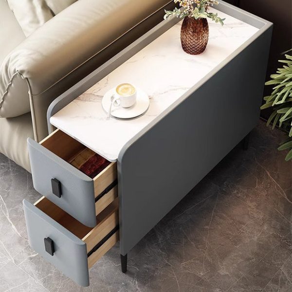 Contemporary Simplicity Sintered Stone Rectangular Top Solid Wood Frame Ultra-Narrow Nightstand Space-Saving Cabinet 2-Drawer For Bedroom - Image 7