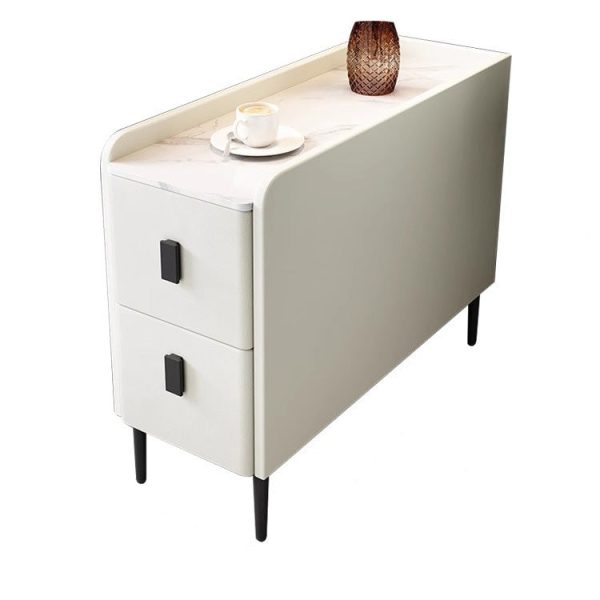 Contemporary Simplicity Sintered Stone Rectangular Top Solid Wood Frame Ultra-Narrow Nightstand Space-Saving Cabinet 2-Drawer For Bedroom - Image 13