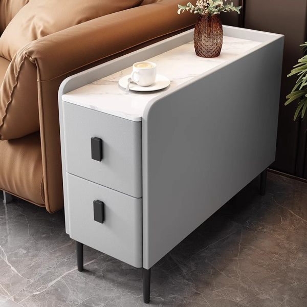 Contemporary Simplicity Sintered Stone Rectangular Top Solid Wood Frame Ultra-Narrow Nightstand Space-Saving Cabinet 2-Drawer For Bedroom - Image 2