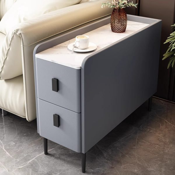 Contemporary Simplicity Sintered Stone Rectangular Top Solid Wood Frame Ultra-Narrow Nightstand Space-Saving Cabinet 2-Drawer For Bedroom - Image 8