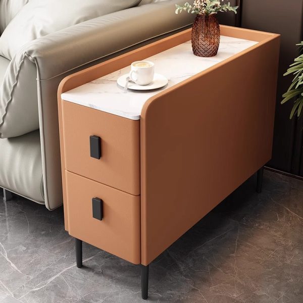 Contemporary Simplicity Sintered Stone Rectangular Top Solid Wood Frame Ultra-Narrow Nightstand Space-Saving Cabinet 2-Drawer For Bedroom - Image 9