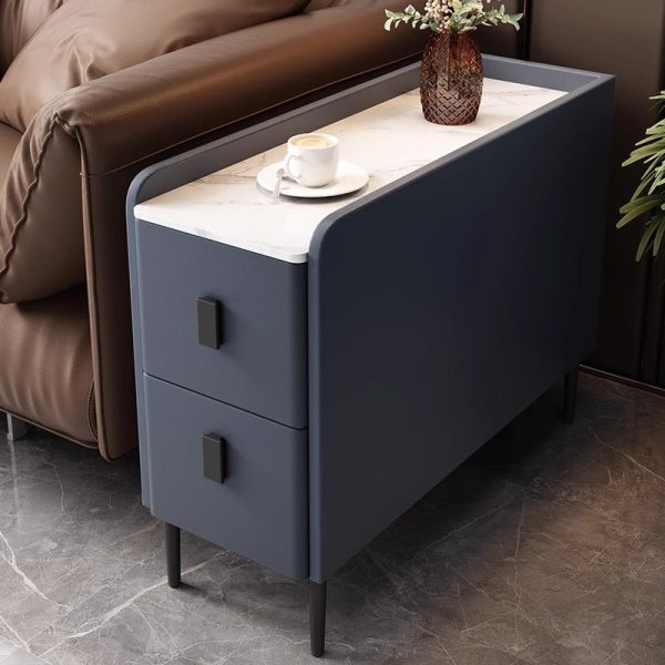 Contemporary Simplicity Sintered Stone Rectangular Top Solid Wood Frame Ultra-Narrow Nightstand Space-Saving Cabinet 2-Drawer For Bedroom - Image 10