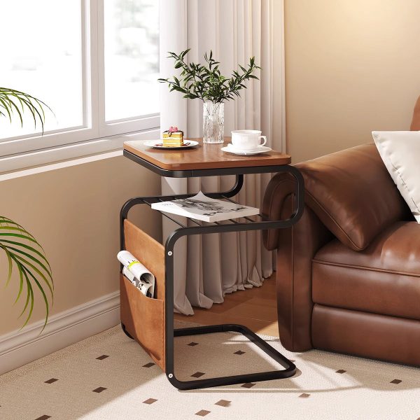 Contemporary Retro Solid Wood Square Top Iron Frame 3-Tier End Table With Side Organizer Pouch For Living Room - Image 11
