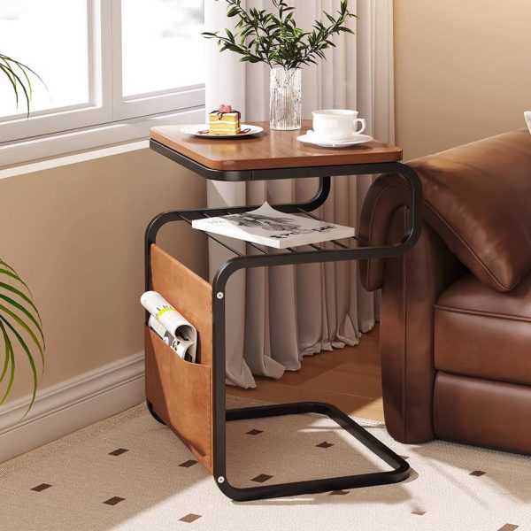 Contemporary Retro Solid Wood Square Top Iron Frame 3-Tier End Table With Side Organizer Pouch For Living Room - Image 12