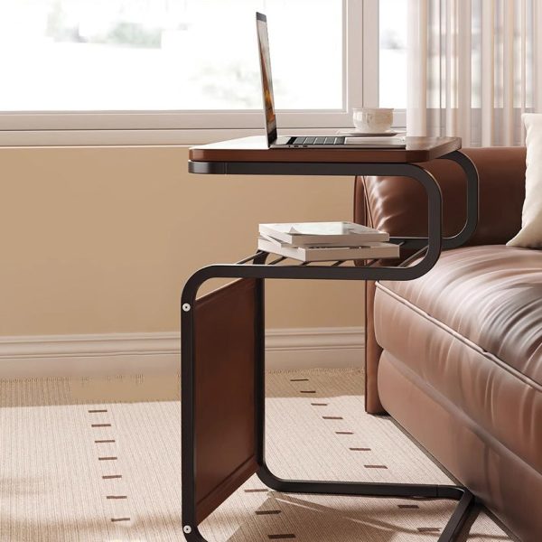 Contemporary Retro Solid Wood Square Top Iron Frame 3-Tier End Table With Side Organizer Pouch For Living Room - Image 5