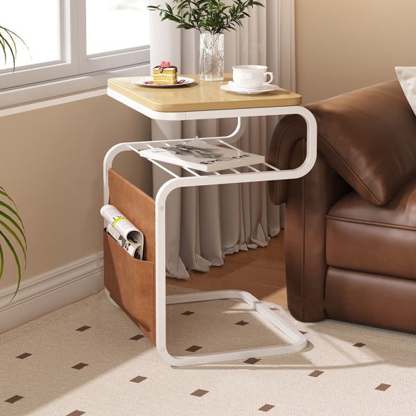 Contemporary Retro Solid Wood Square Top Iron Frame 3-Tier End Table With Side Organizer Pouch For Living Room - Image 2