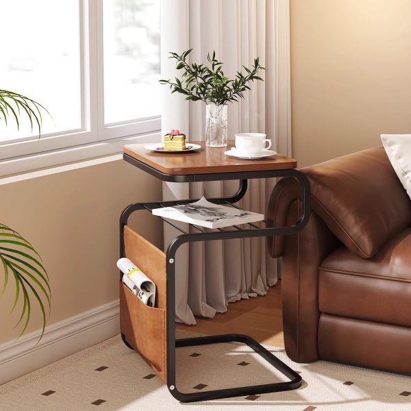 Contemporary Retro Solid Wood Square Top Iron Frame 3-Tier End Table With Side Organizer Pouch For Living Room - Image 3