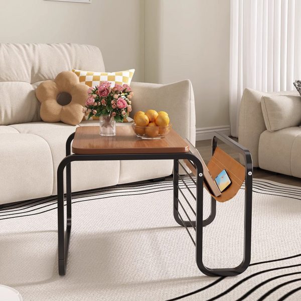 Contemporary Retro Solid Wood Square Top Iron Frame 3-Tier End Table With Side Organizer Pouch For Living Room - Image 7