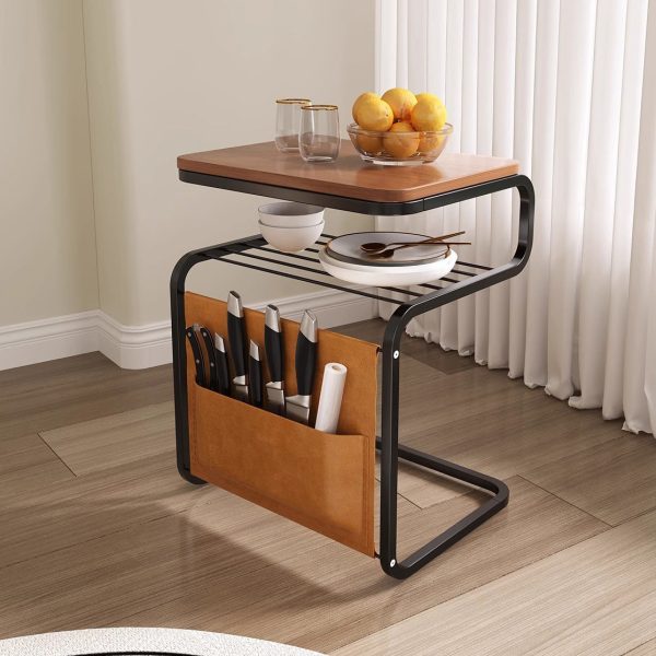 Contemporary Retro Solid Wood Square Top Iron Frame 3-Tier End Table With Side Organizer Pouch For Living Room - Image 8