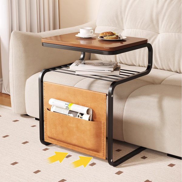 Contemporary Retro Solid Wood Square Top Iron Frame 3-Tier End Table With Side Organizer Pouch For Living Room - Image 9