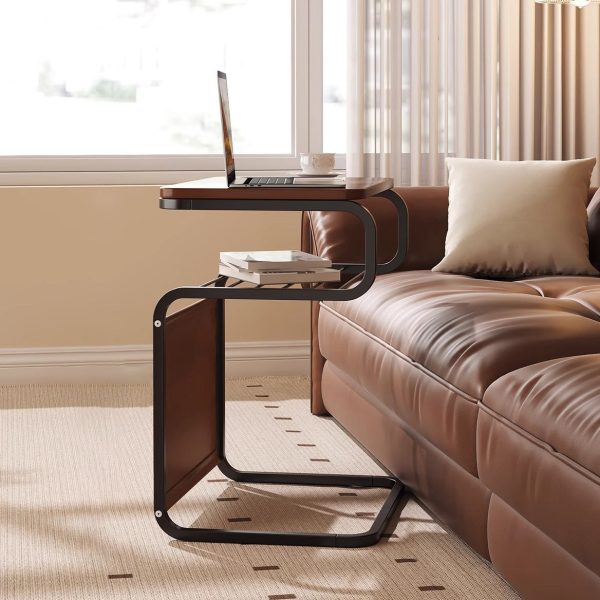 Contemporary Retro Solid Wood Square Top Iron Frame 3-Tier End Table With Side Organizer Pouch For Living Room - Image 10