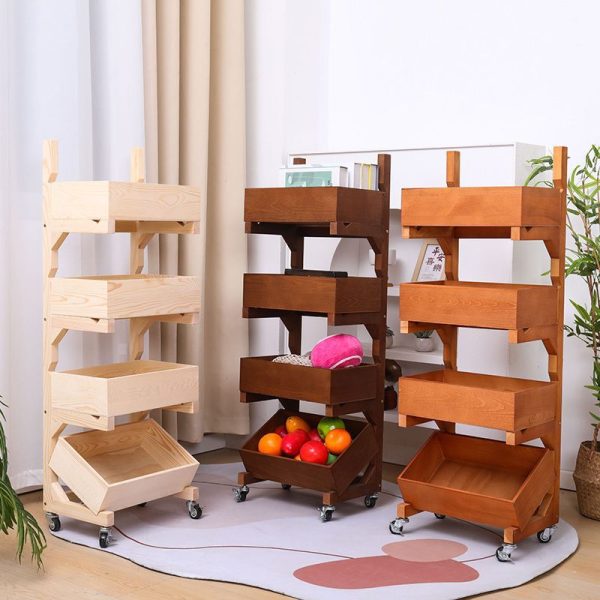 Traditional Farmhouse Wooden Floor-Standing 3/4-Tier Storage Shelves Snack Display Rack With Wheels For Living Room - Image 25