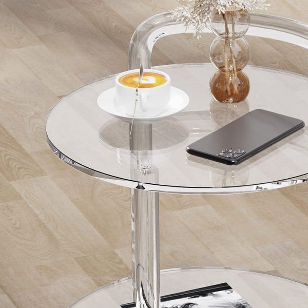 Contemporary Simplicity Round Acrylic Rolling Cart End Table 2-Tier With Casters For Living Room - Image 5