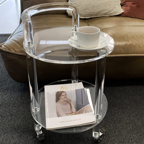 Contemporary Simplicity Round Acrylic Rolling Cart End Table 2-Tier With Casters For Living Room - Image 7