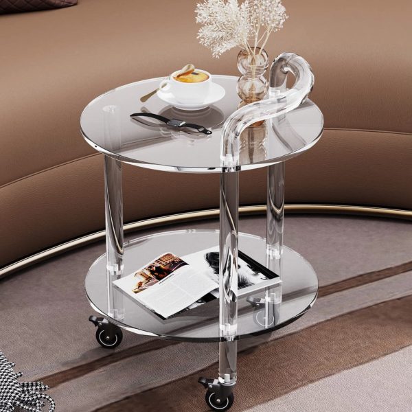 Contemporary Simplicity Round Acrylic Rolling Cart End Table 2-Tier With Casters For Living Room - Image 8