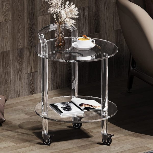 Contemporary Simplicity Round Acrylic Rolling Cart End Table 2-Tier With Casters For Living Room - Image 2