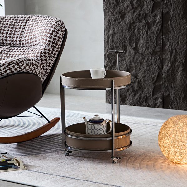 Modern Mid-Century Saddle Leather Round Top Stainless Steel 2-Tier End Table With Casters For Living Room
