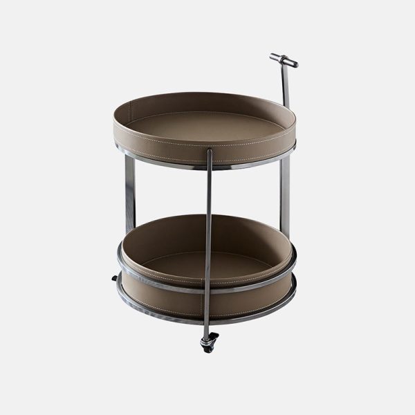 Modern Mid-Century Saddle Leather Round Top Stainless Steel 2-Tier End Table With Casters For Living Room - Image 7
