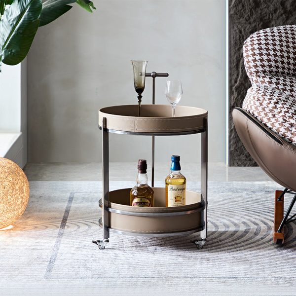 Modern Mid-Century Saddle Leather Round Top Stainless Steel 2-Tier End Table With Casters For Living Room - Image 2