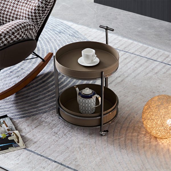 Modern Mid-Century Saddle Leather Round Top Stainless Steel 2-Tier End Table With Casters For Living Room - Image 6