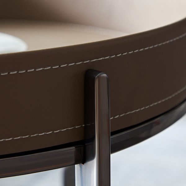 Modern Mid-Century Saddle Leather Round Top Stainless Steel 2-Tier End Table With Casters For Living Room - Image 4