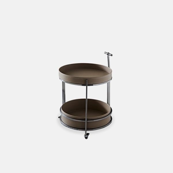 Modern Mid-Century Saddle Leather Round Top Stainless Steel 2-Tier End Table With Casters For Living Room - Image 8