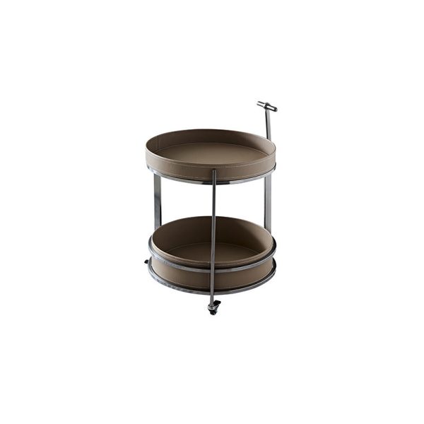 Modern Mid-Century Saddle Leather Round Top Stainless Steel 2-Tier End Table With Casters For Living Room - Image 9