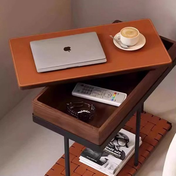 Modern Eclectic Rotatable Solid Wood Rectangular Tray Top Saddle Leather 2-Tier End Table With Wheels For Living Room - Image 5
