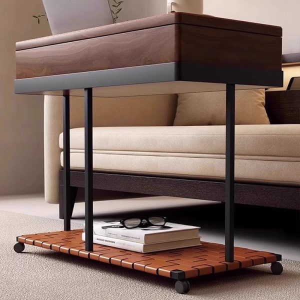 Modern Eclectic Rotatable Solid Wood Rectangular Tray Top Saddle Leather 2-Tier End Table With Wheels For Living Room - Image 8