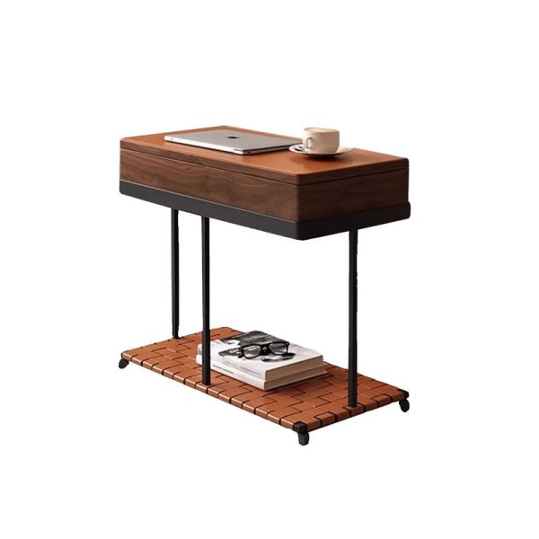 Modern Eclectic Rotatable Solid Wood Rectangular Tray Top Saddle Leather 2-Tier End Table With Wheels For Living Room - Image 11