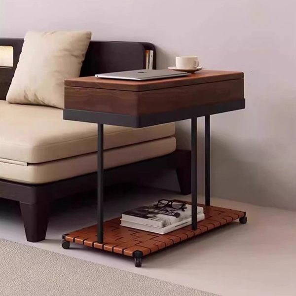 Modern Eclectic Rotatable Solid Wood Rectangular Tray Top Saddle Leather 2-Tier End Table With Wheels For Living Room - Image 10